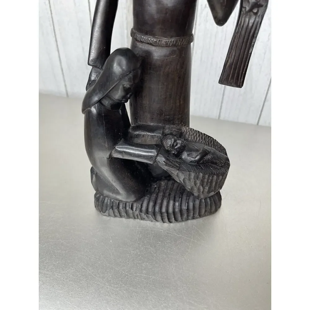 African Statue Ebony Wood Carved Family Of 4 Statue Tanzania 14.5in Mother Baby